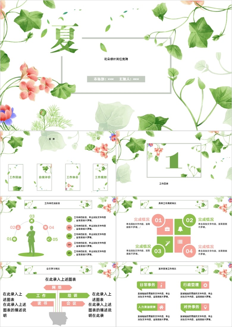 藤蔓绿叶花朵背景的清新夏日PPT模板 免费版软件截图（1）